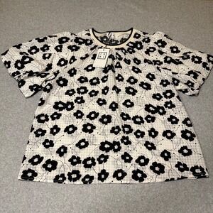 THML Ivory Black Floral Top Puff Sleeves Women's L NWT